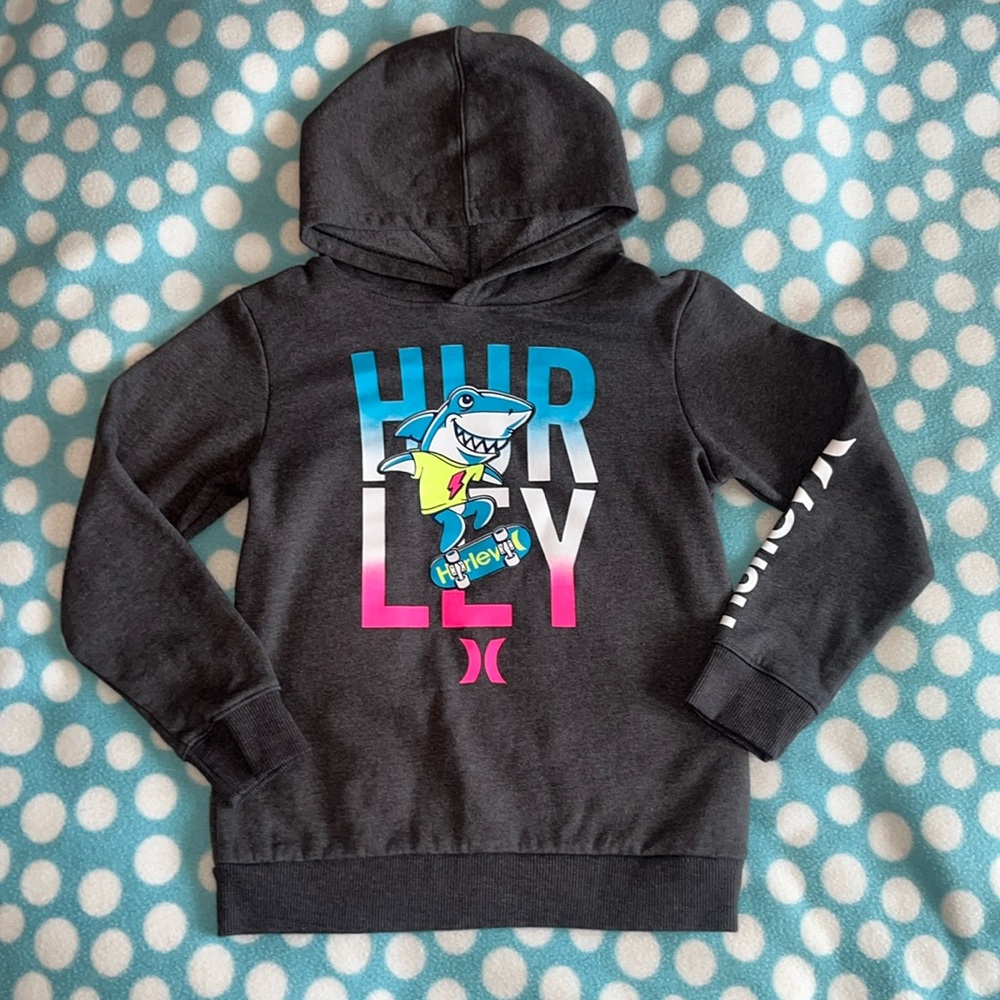 Hurley gray pull over hoodie with skateboarding shark size 7